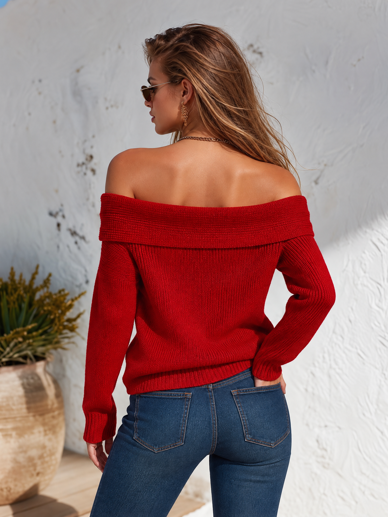 Elegant Resort-style Long-sleeved Off-shoulder Sweater