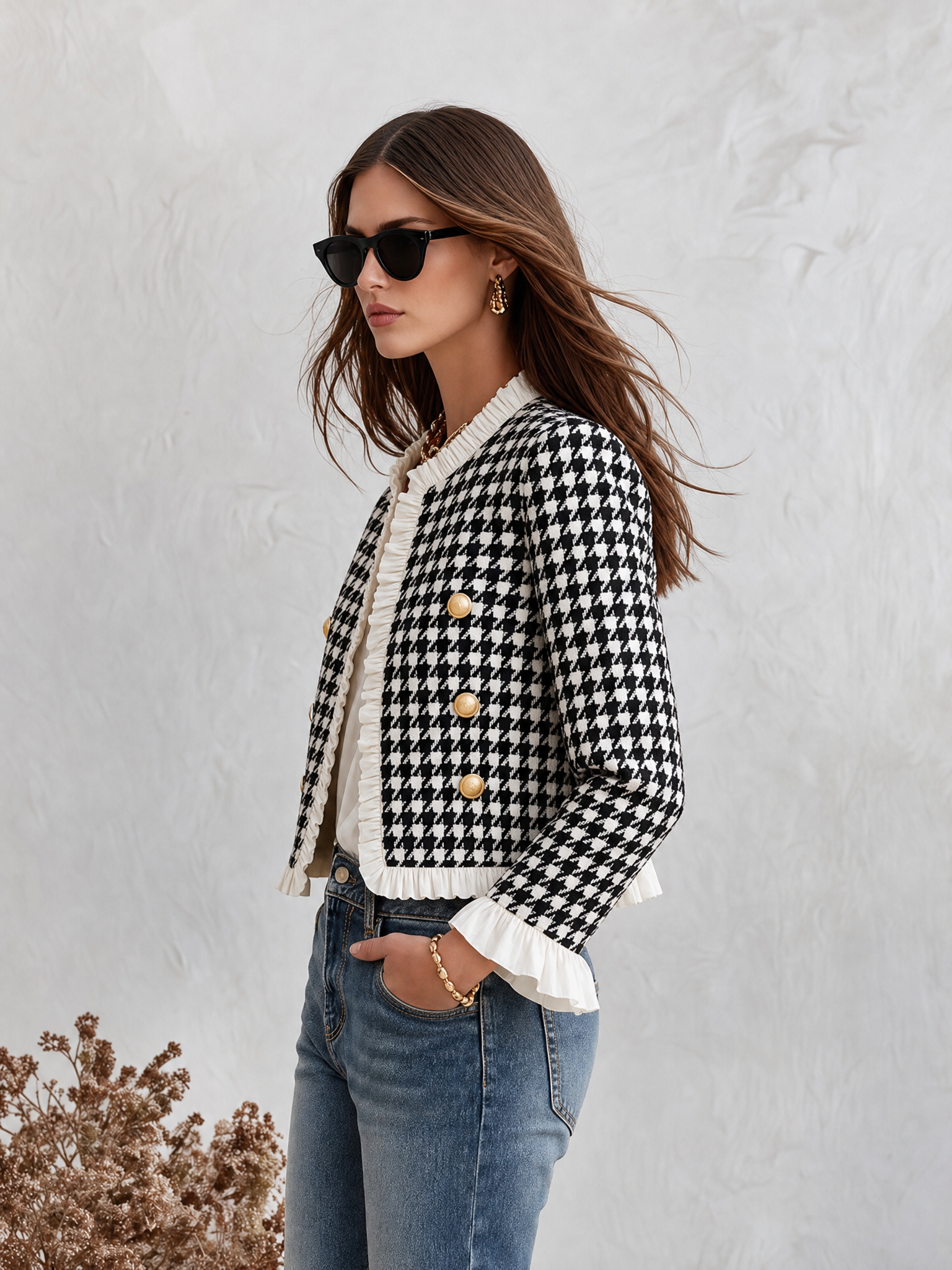 Resort-style Crew-neck Houndstooth Ruffle Jacket