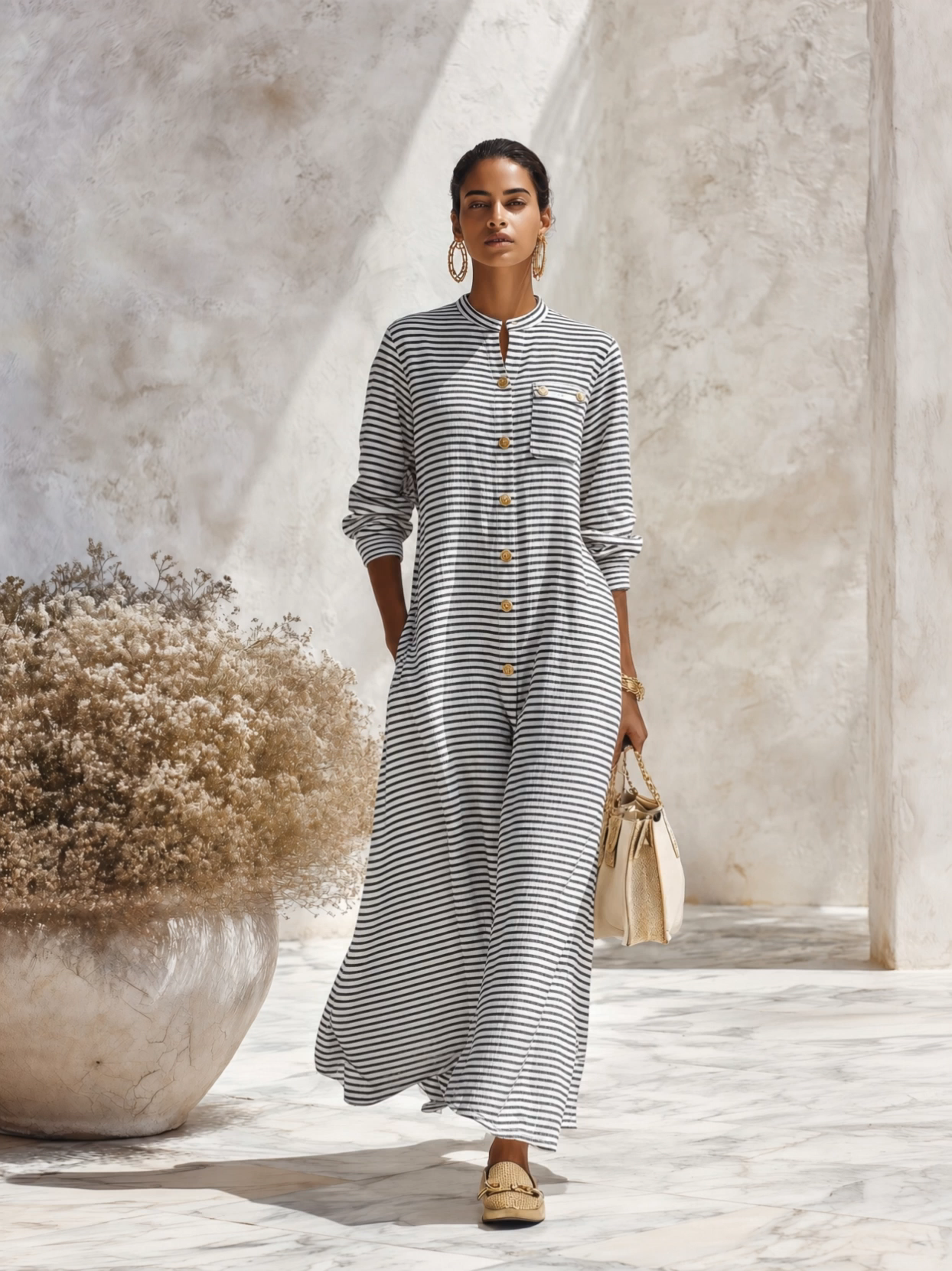 Resort-style Round Neck Long-sleeved Black And White Striped Maxi Dress