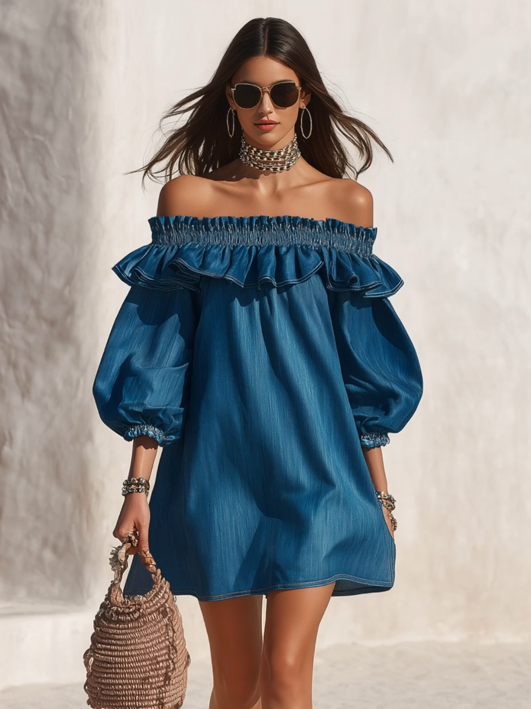 Resort-style off-the-shoulder ruffled three-quarter sleeve denim mini dress