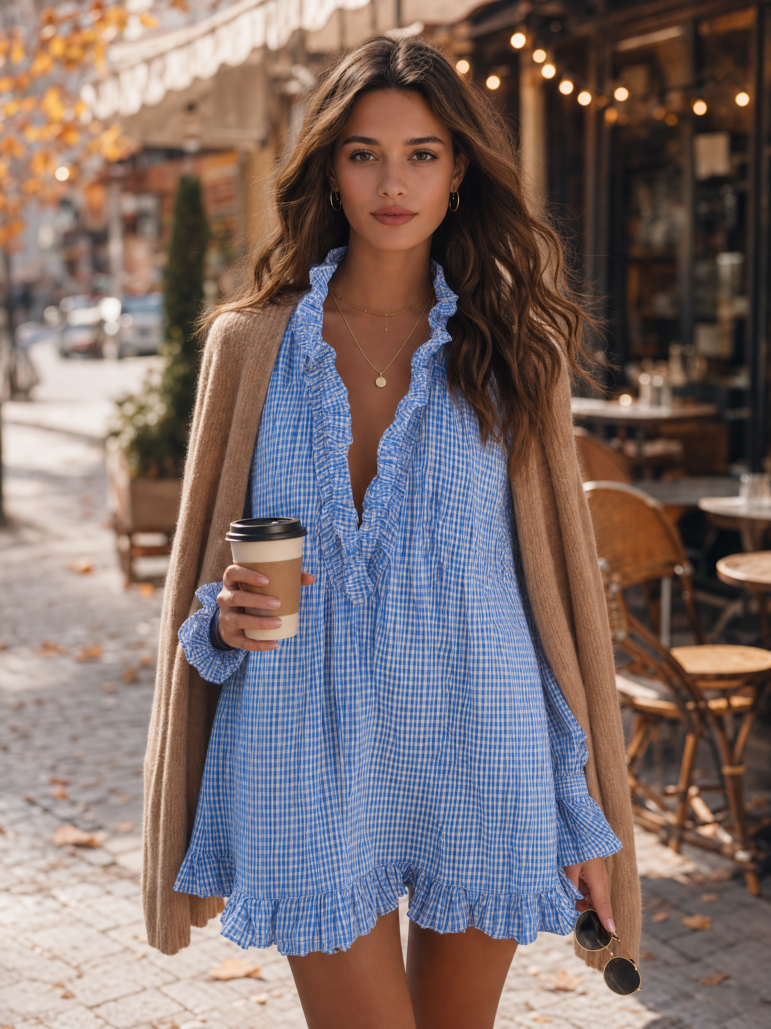 Santorini Breeze Blue Gingham Ruffle Mini Dress