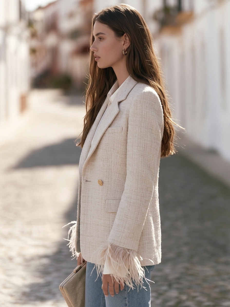 Old Money Oat Tweed Detachable Feather Cuff Blazer
