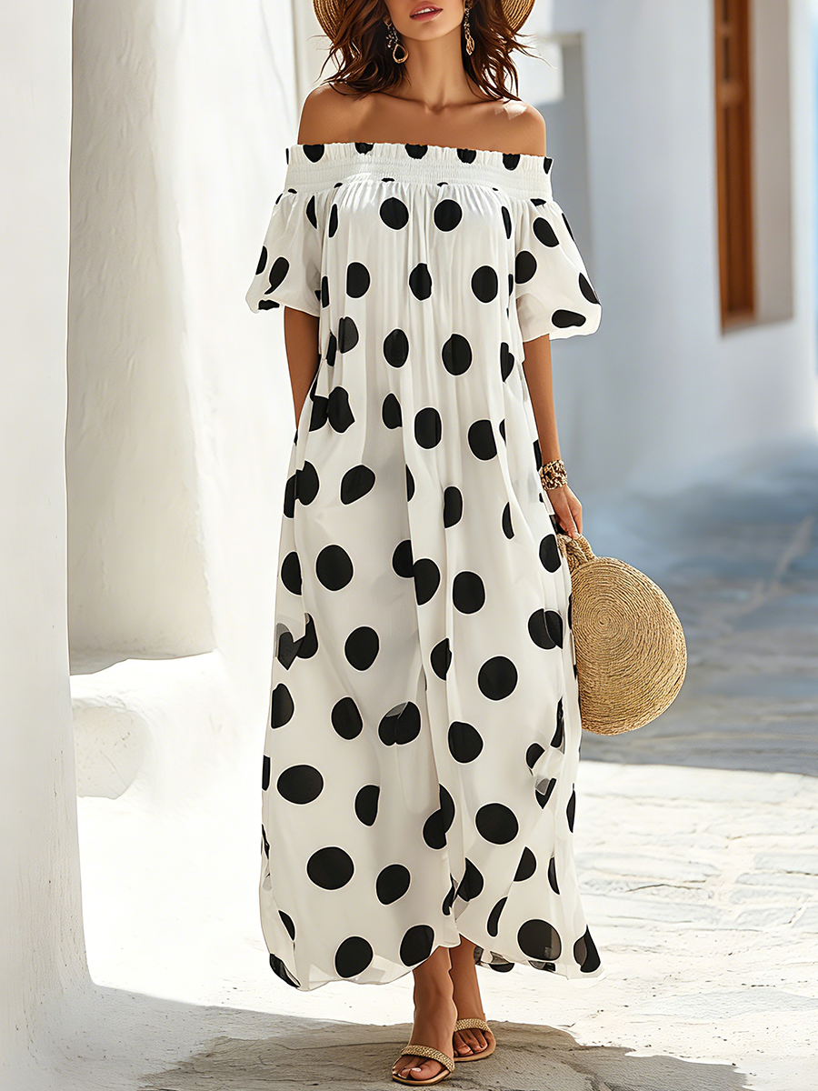 Resort-style Black And White Polka Dot Off-the-shoulder Maxi Dress