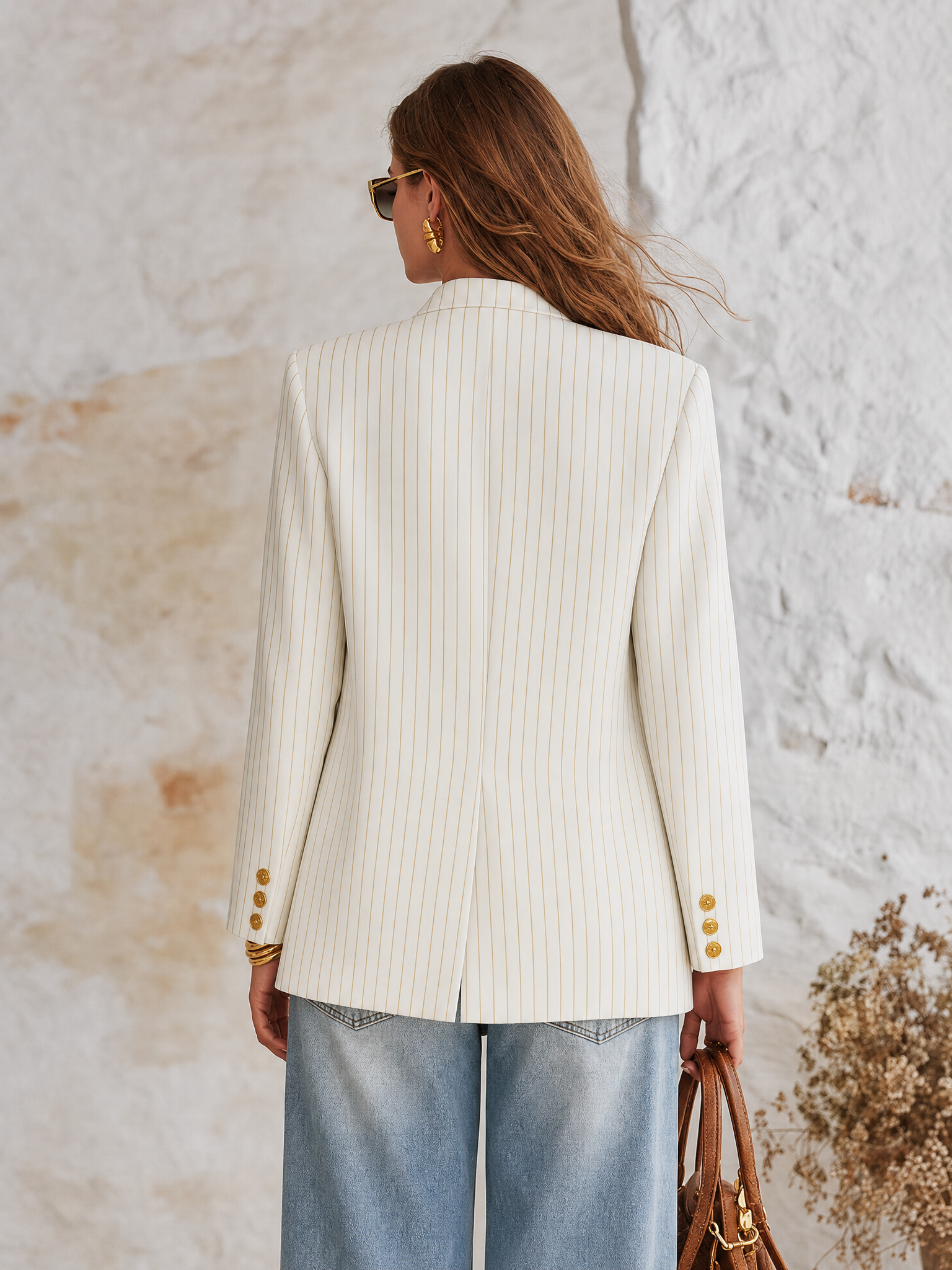 Resort-style Striped Long-sleeved Lapel Blazer