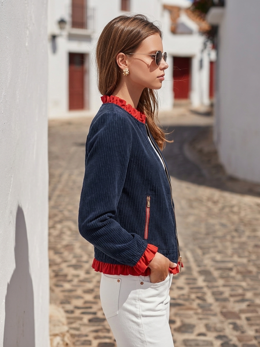 French Retro Vibe Navy Corduroy Red Ruffle Trim Cropped Jacket