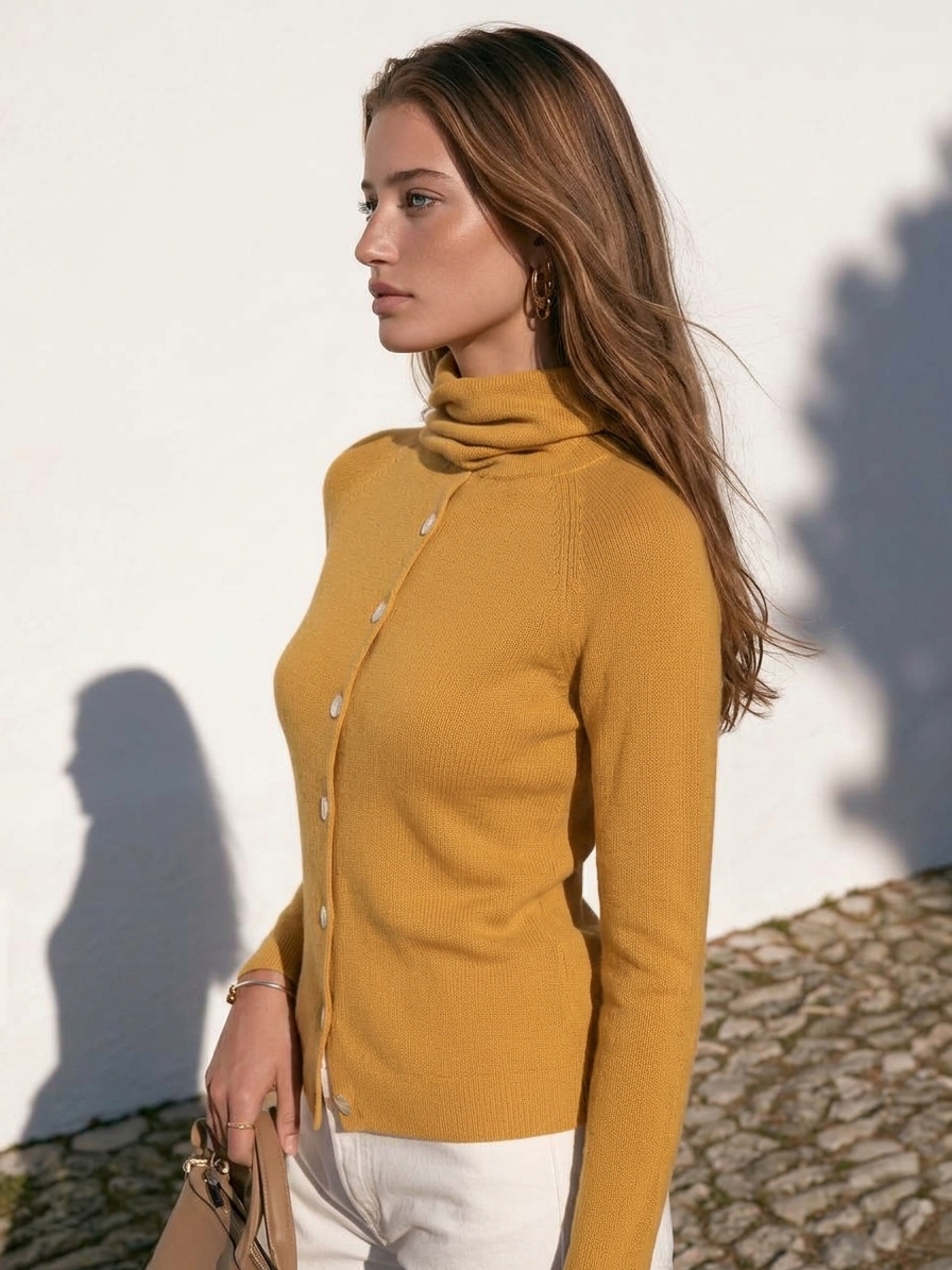 Old Money Style Mustard Yellow Draped Turtleneck Asymmetric Button Knit Sweater
