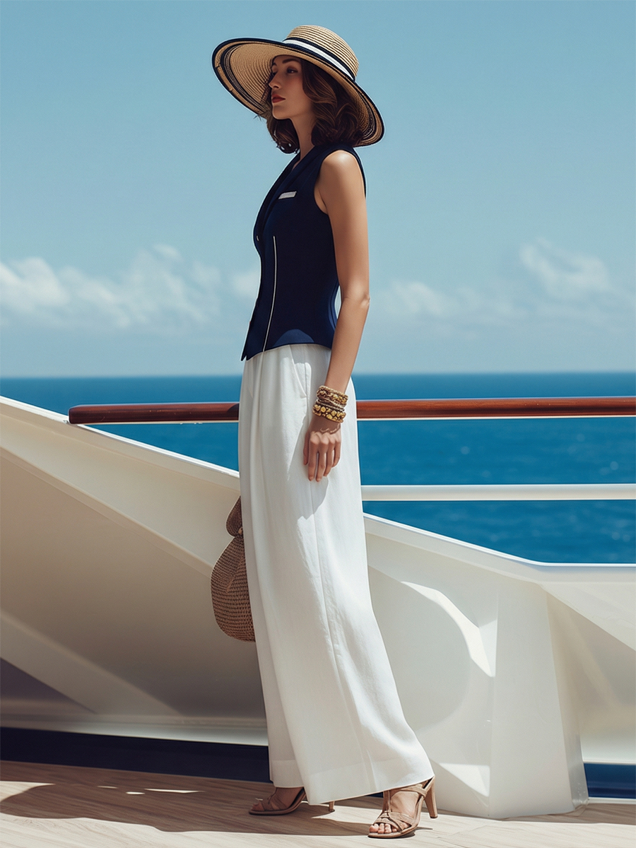 Casual Navy Style Dark Blue Vest And White Wide-Leg Pants Cotton Linen Set