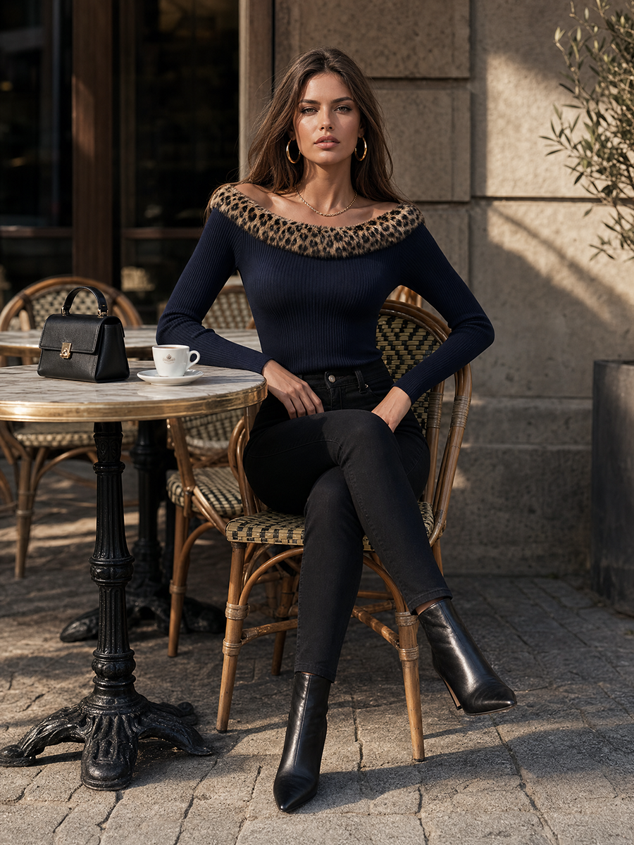 Midnight Navy Ribbed Leopard-Trim Off-Shoulder Body-Skimming Statement Knit Top