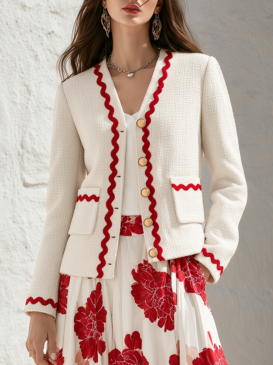 Ivory Textured Tweed Contrast Red Wavy Ric-Rac Trim V-Neck Gold Button Cropped Long Sleeve Retro French Chic Jacket