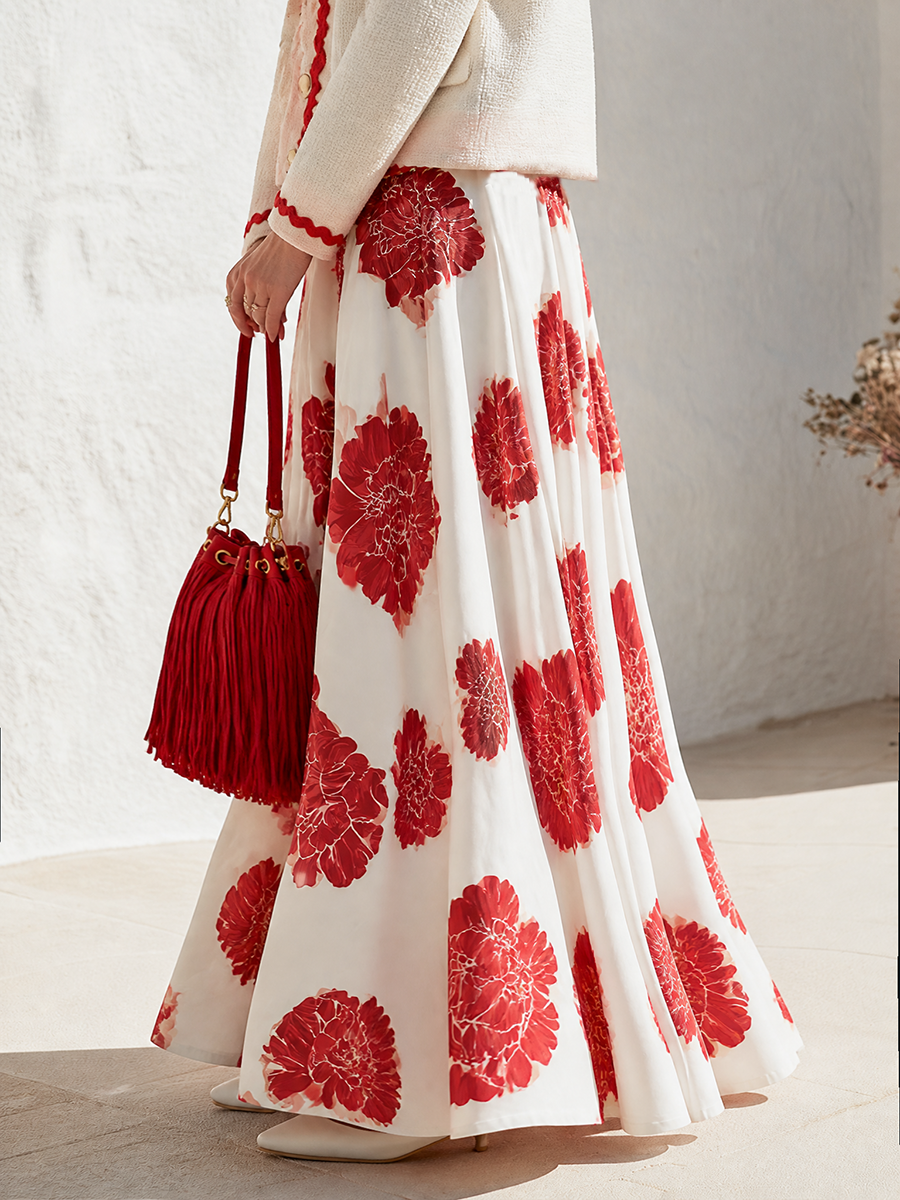 Ivory Red Peony Floral Print High Waist Button Front A-Line Flowy Pleated Swing Maxi Retro French Vacation Half Skirt