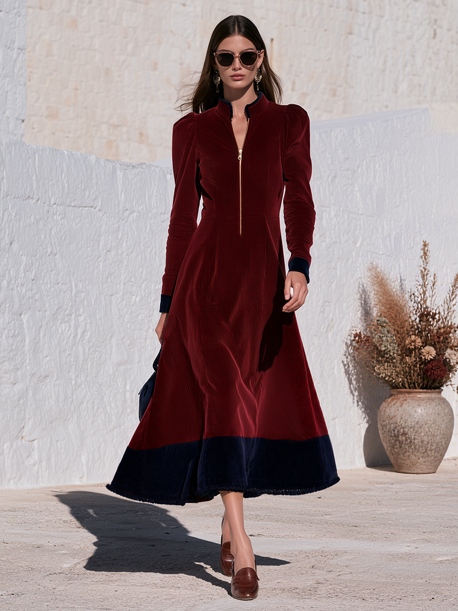 Burgundy Corduroy Colorblock Navy Contrast Hem Stand Collar Gold Zip-Front Long Sleeve A-Line Maxi Dress