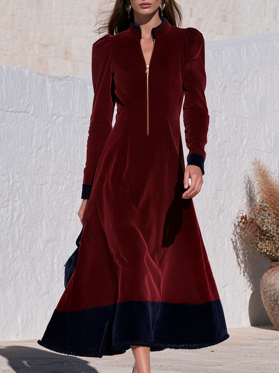 Burgundy Corduroy Colorblock Navy Contrast Hem Stand Collar Gold Zip-Front Long Sleeve A-Line Maxi Dress