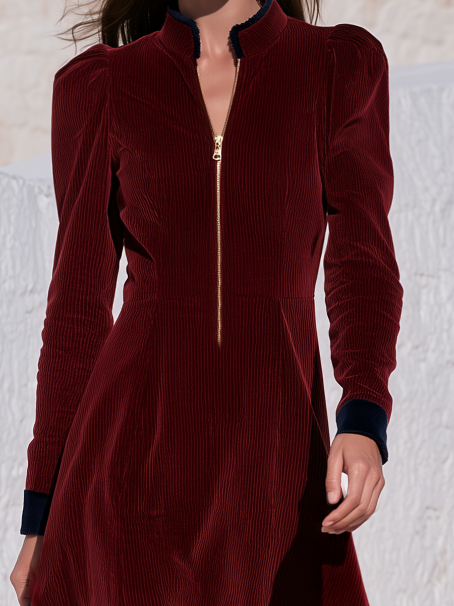 Burgundy Corduroy Colorblock Navy Contrast Hem Stand Collar Gold Zip-Front Long Sleeve A-Line Maxi Dress