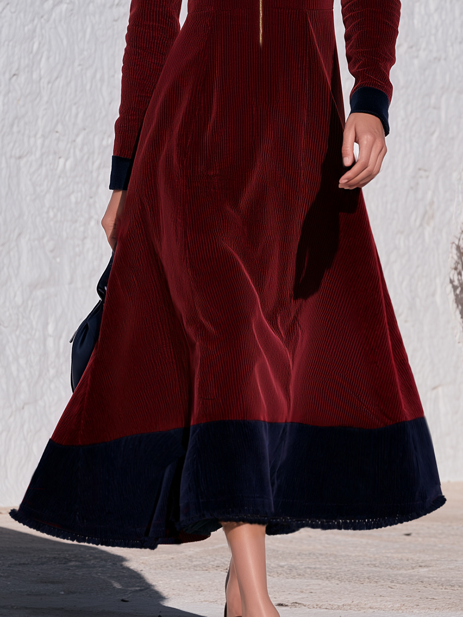 Burgundy Corduroy Colorblock Navy Contrast Hem Stand Collar Gold Zip-Front Long Sleeve A-Line Maxi Dress