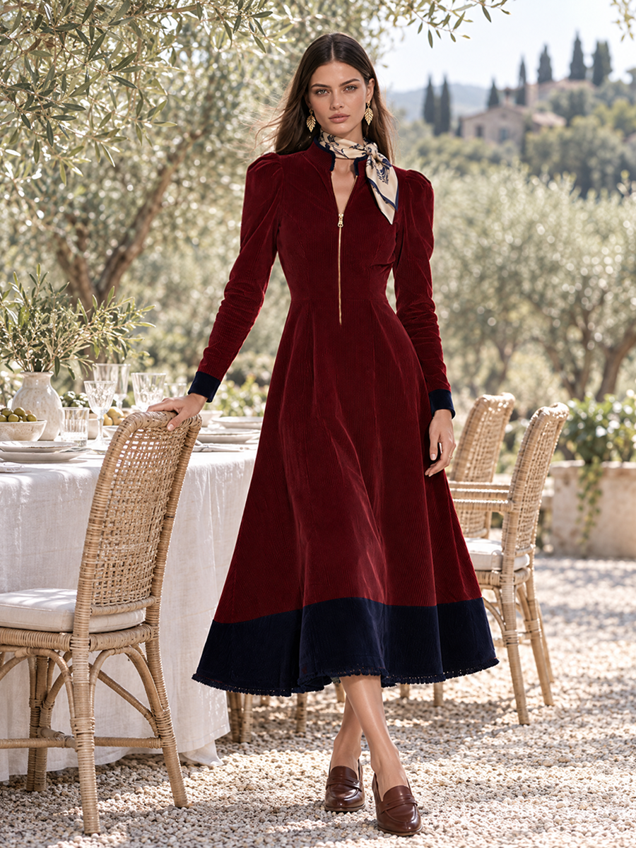 Burgundy Corduroy Colorblock Navy Contrast Hem Stand Collar Gold Zip-Front Long Sleeve A-Line Maxi Dress