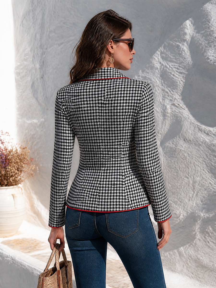 Women's Black And White Classic Houndstooth Pattern Red Piping Notched Lapel Slim Cropped Blazer