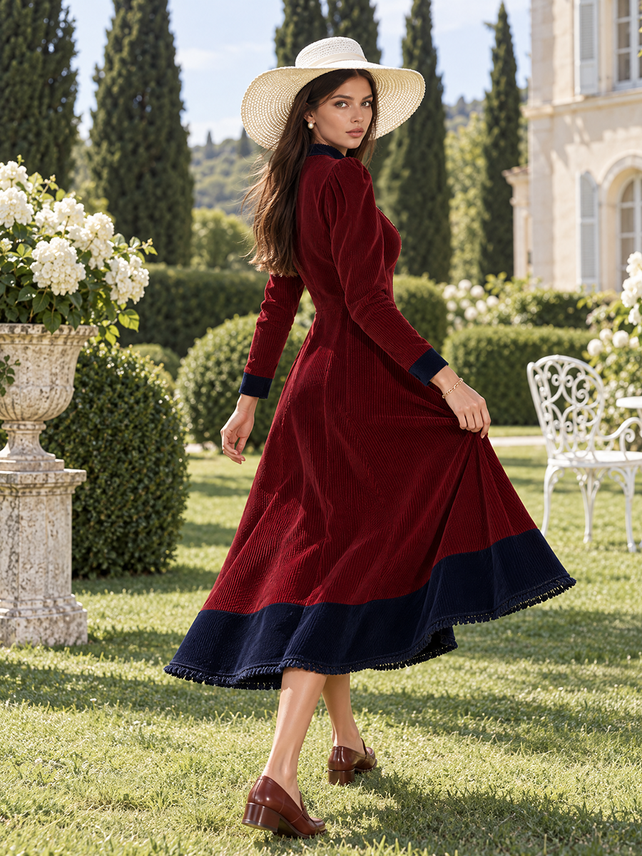 Burgundy Corduroy Colorblock Navy Contrast Hem Stand Collar Gold Zip-Front Long Sleeve A-Line Maxi Dress