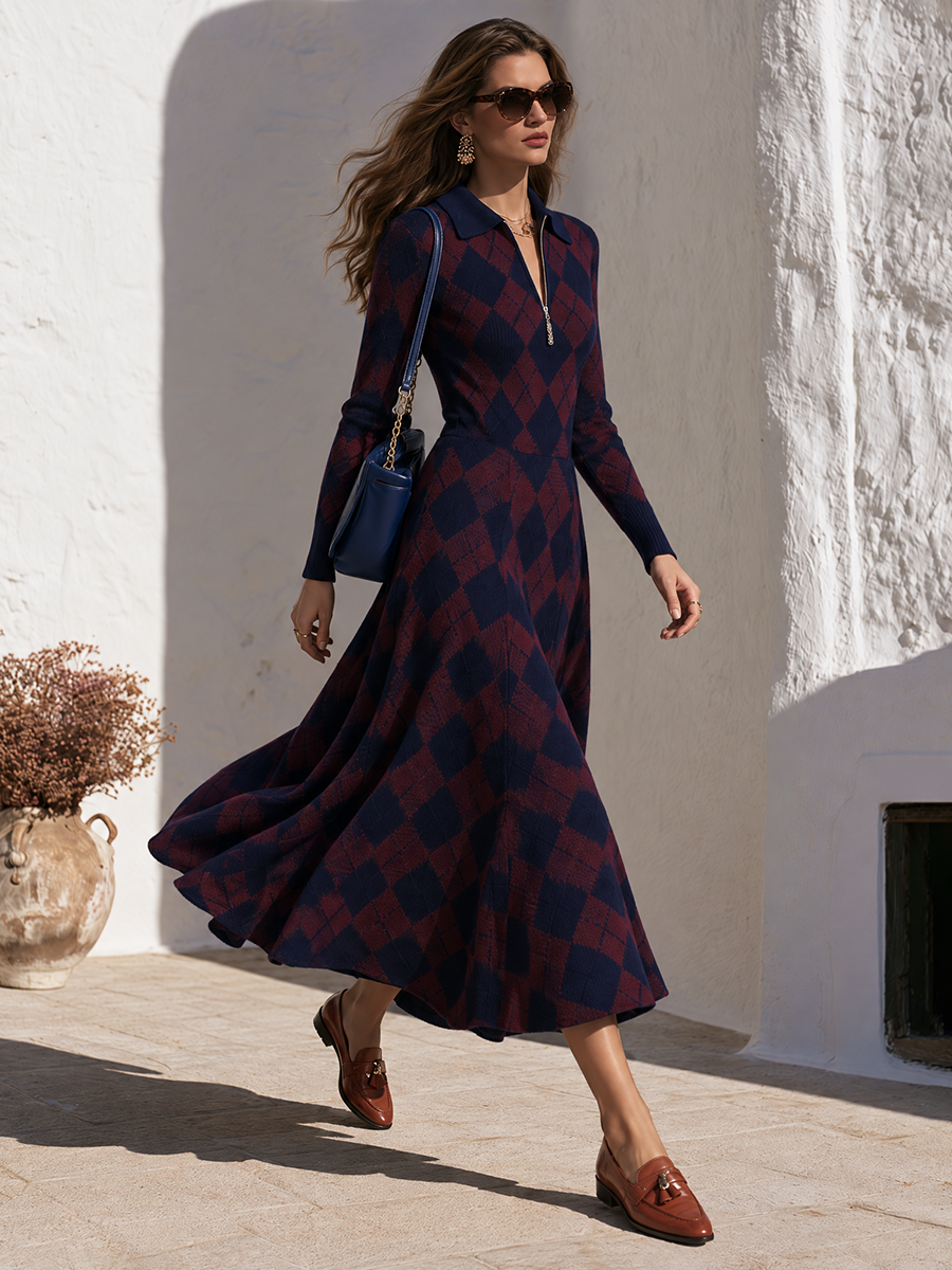 Argyle Jacquard Knit Navy Burgundy Polo Collar Quarter Zip Long Sleeve Fitted Waist Flared Swing Hem Midi Dress