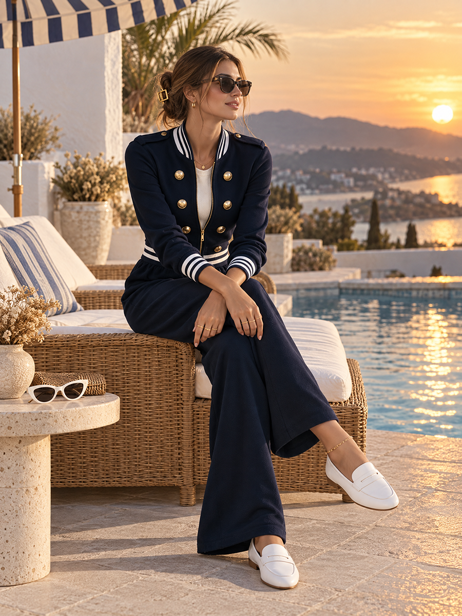 Old Money Navy Blue Stand-Collar Striped Rib-Trim Double-Breasted Gold-Butto Elastic-Waist Wide-Leg Long-Sleeve One-Piece Jumpsuit