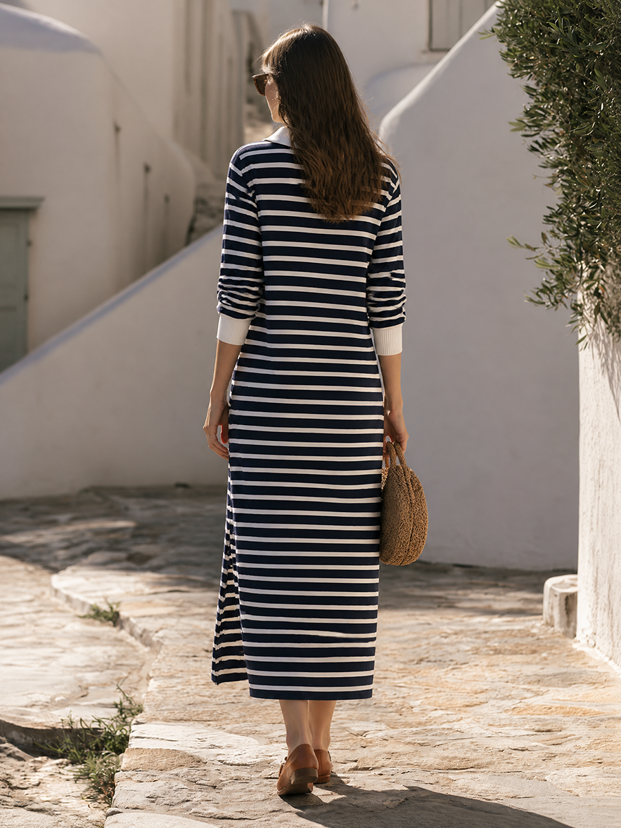 Ivory Contrast-Collar Gold-Button Breton Stripe Fine-Knit Side-Slit Long Maxi Dress