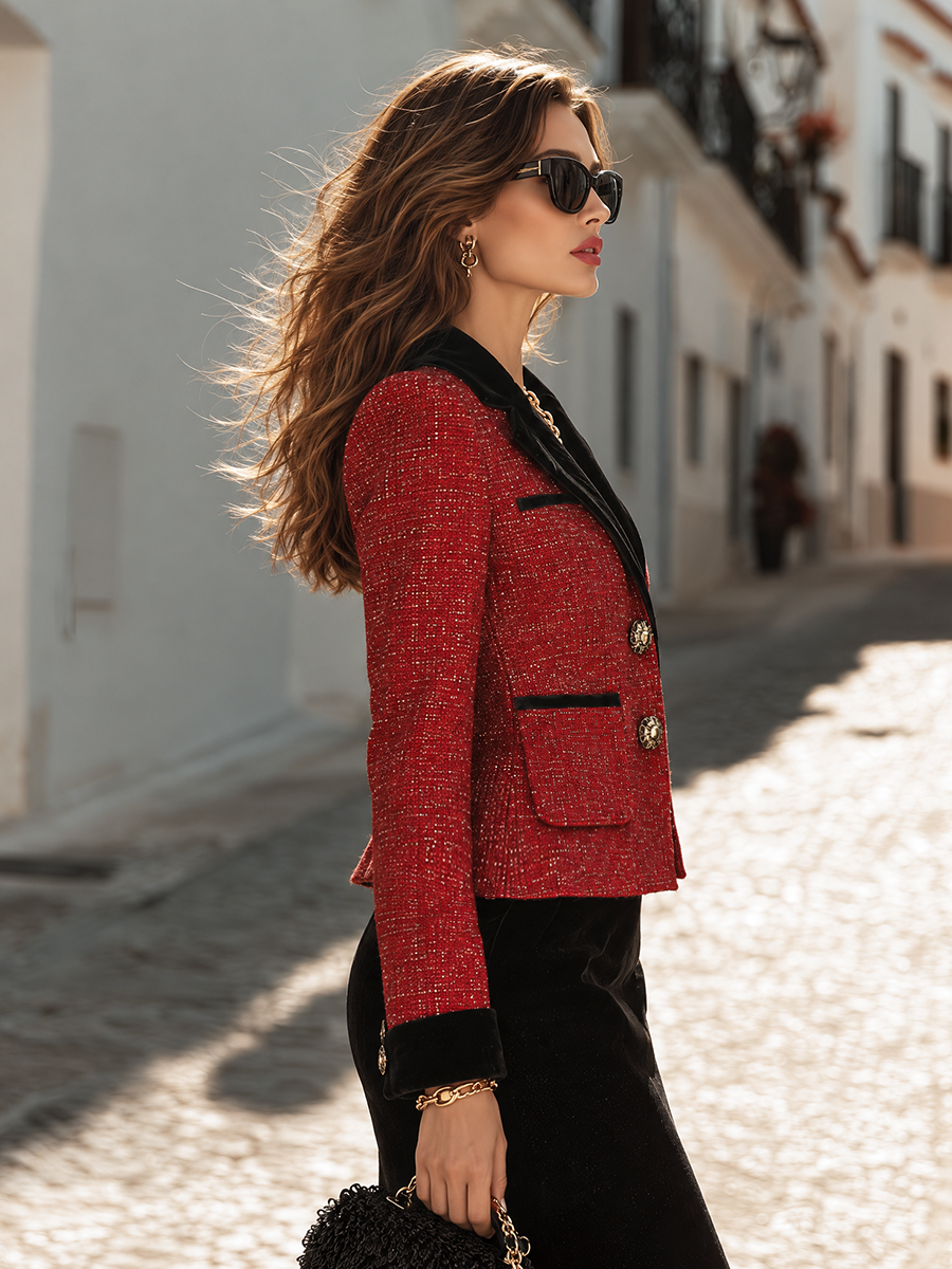 Gold Jewel-Button Velvet-Trim Patch Pocket Metallic Tweed Cropped Long-Sleeve Blazer
