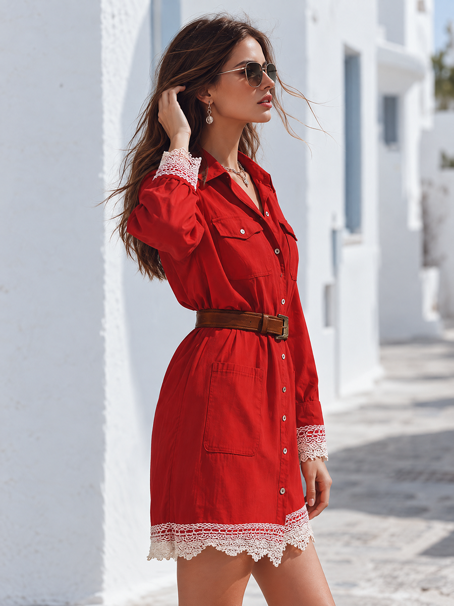 Lace Trim Patch Pocket Button Lapel Collared Long-Sleeve Belted Shirt Dress Mini Dress