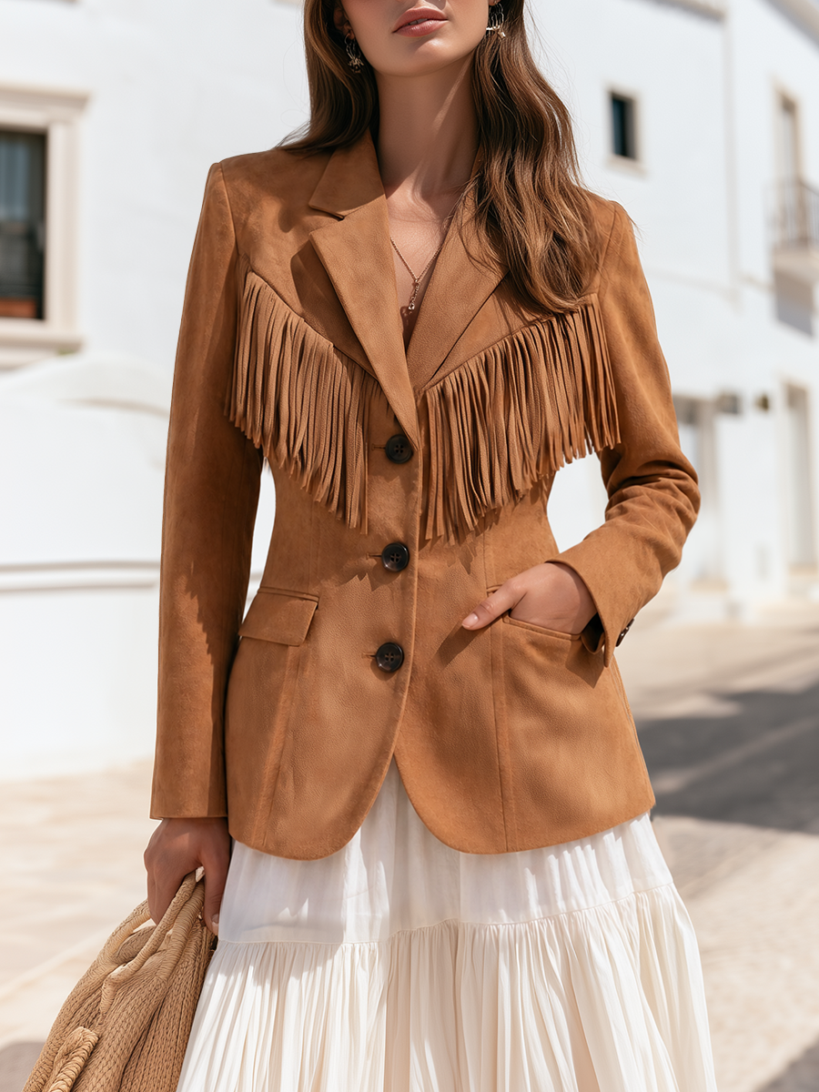 Women Western Retro Chic Notched Lapel Fringe Trim Single Breasted Slim Fit Camel Faux Suede Blazer
