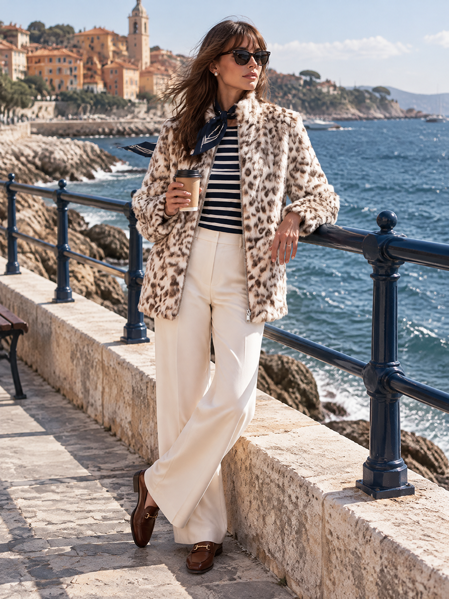 Ivory Leopard Spot Silver Zip Stand Collar Side-Pocket Plush Faux Fur Short Coat