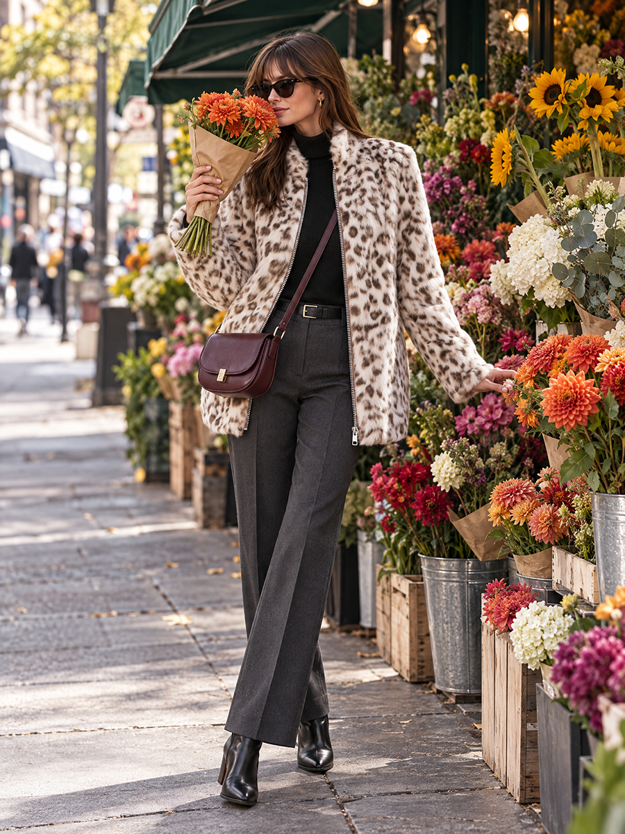 Ivory Leopard Spot Silver Zip Stand Collar Side-Pocket Plush Faux Fur Short Coat
