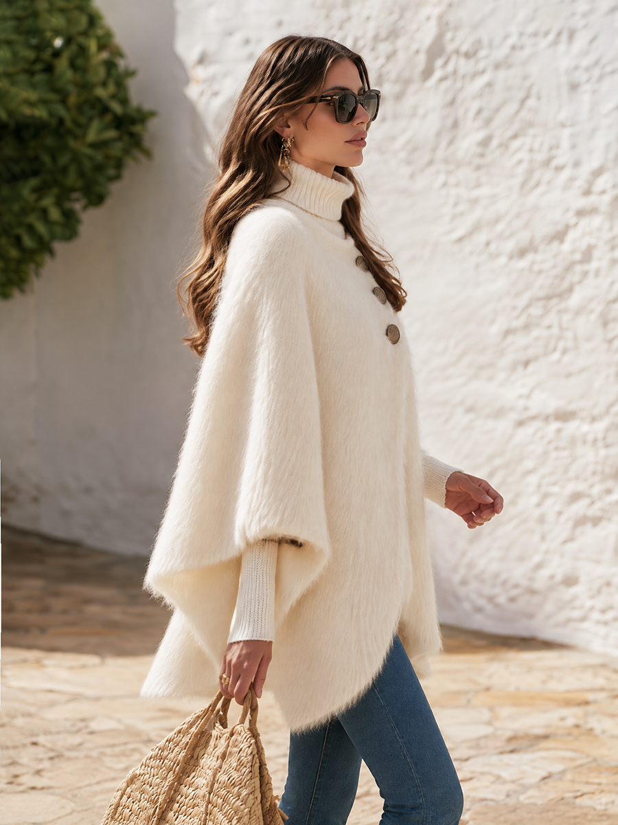 Ivory Turtleneck Asymmetric Button Wrap Draped Hem Cape Coat