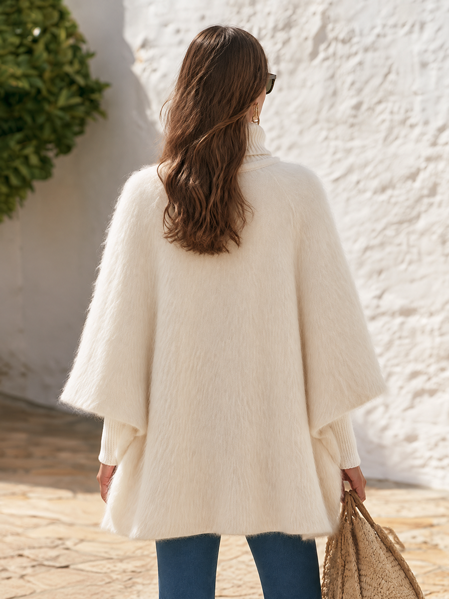 Ivory Turtleneck Asymmetric Button Wrap Draped Hem Cape Coat