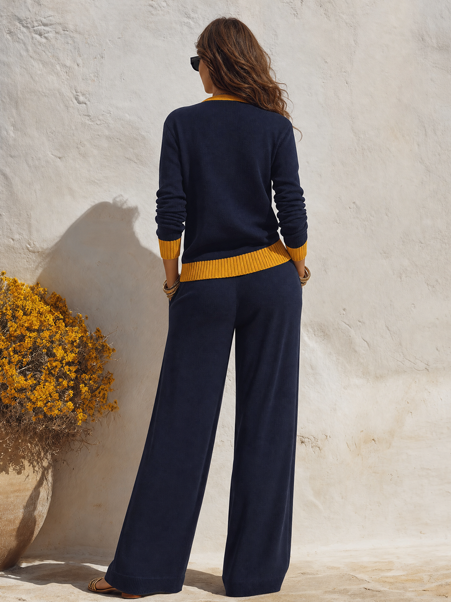 Retro Vacation Color-blocked Knit Cardigan And Solid Color Knit Wide-leg Pants Set