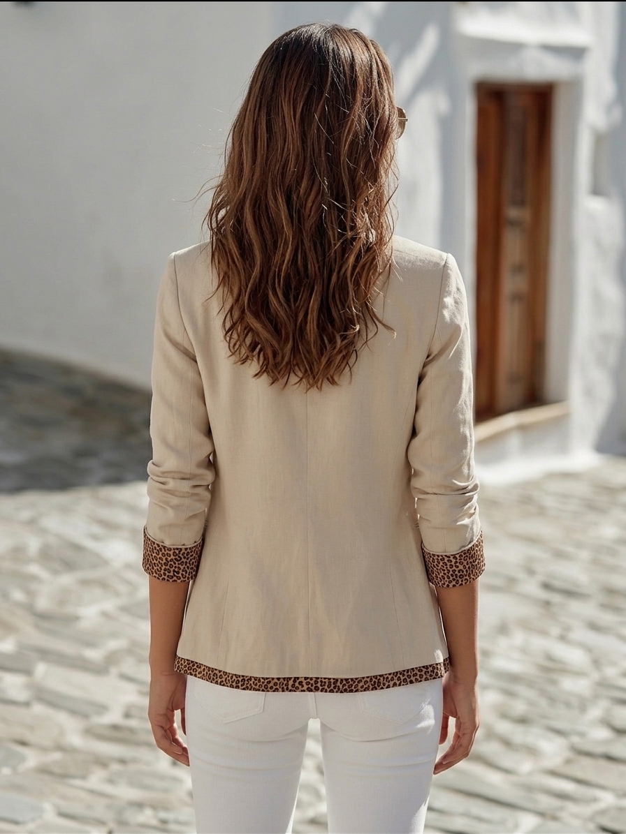 Tuscany Vibe Beige Linen Leopard Print Trim Notched Lapel Blazer