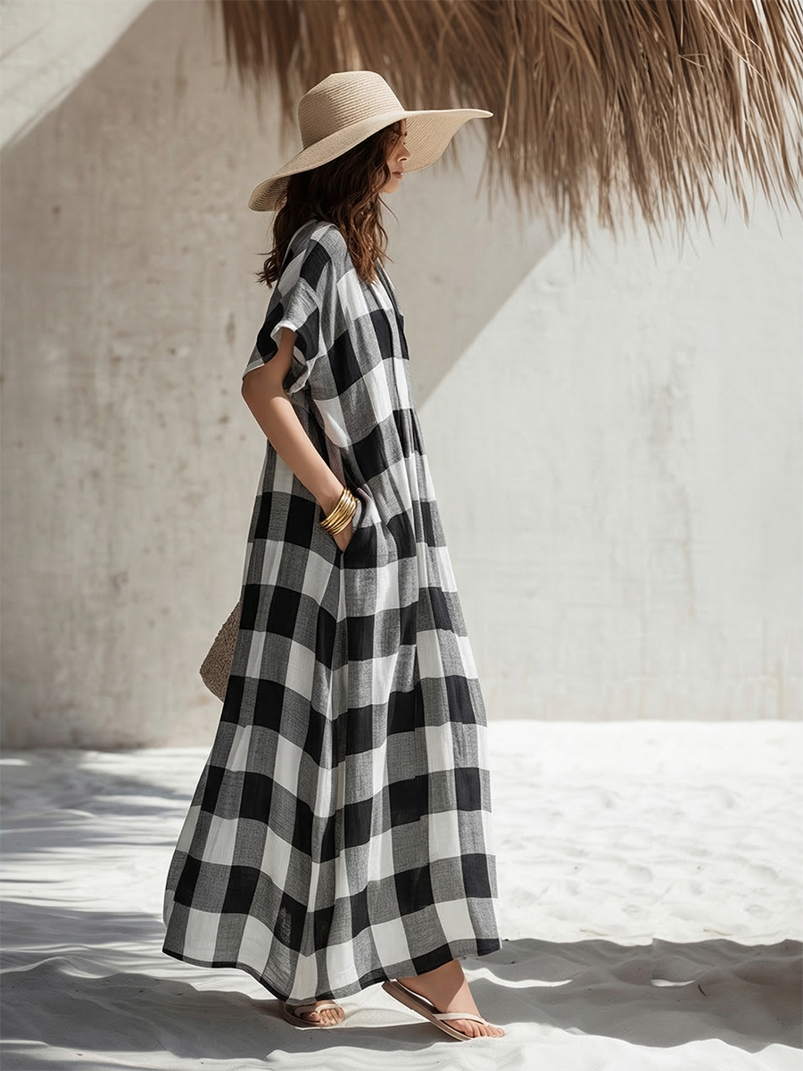 Simple Casual Short-Sleeve Black & White Plaid Cotton-Linen Maxi Dress