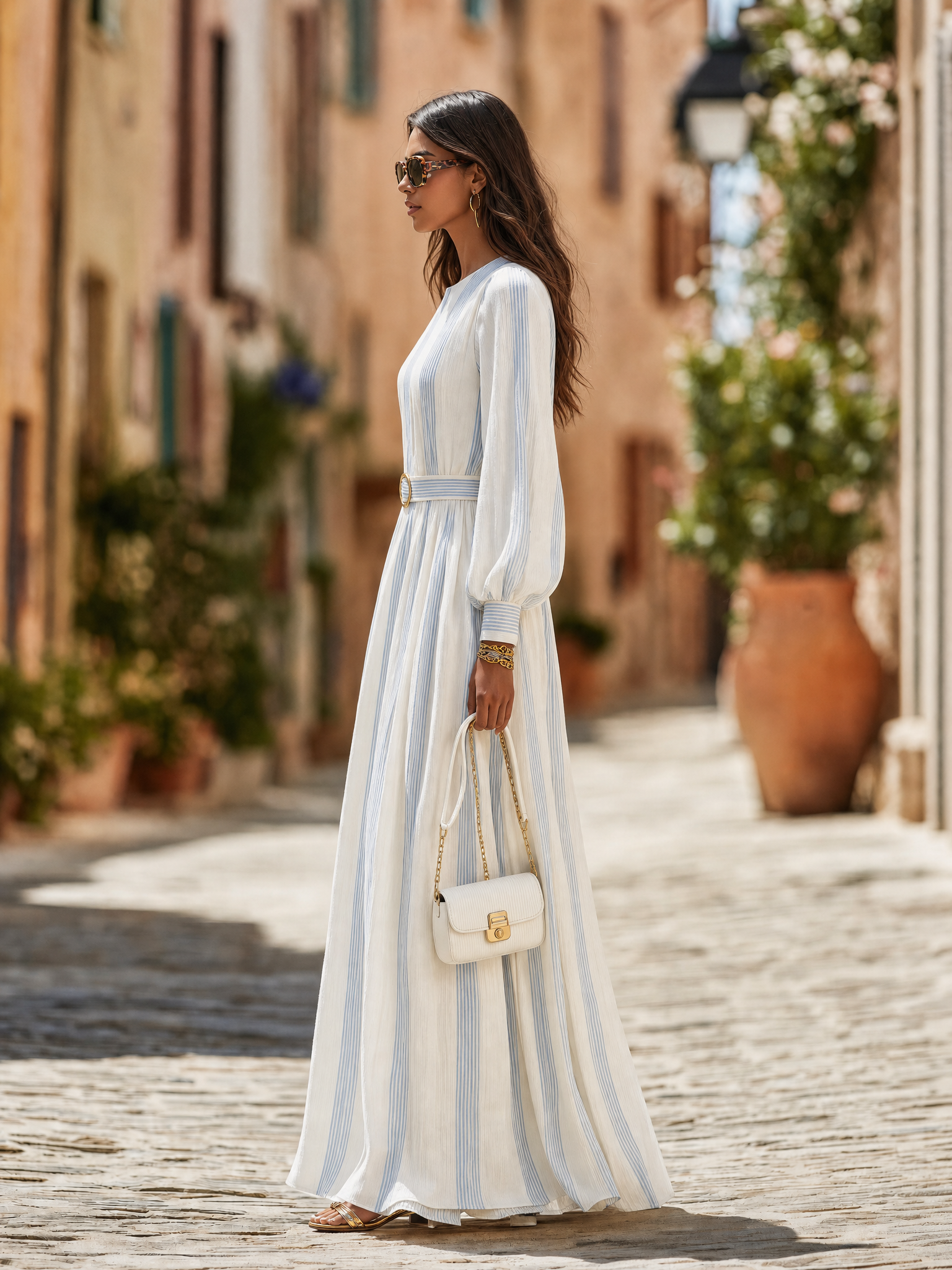 Resort-style Round Neck Long Sleeve Striped A-line Maxi Dress
