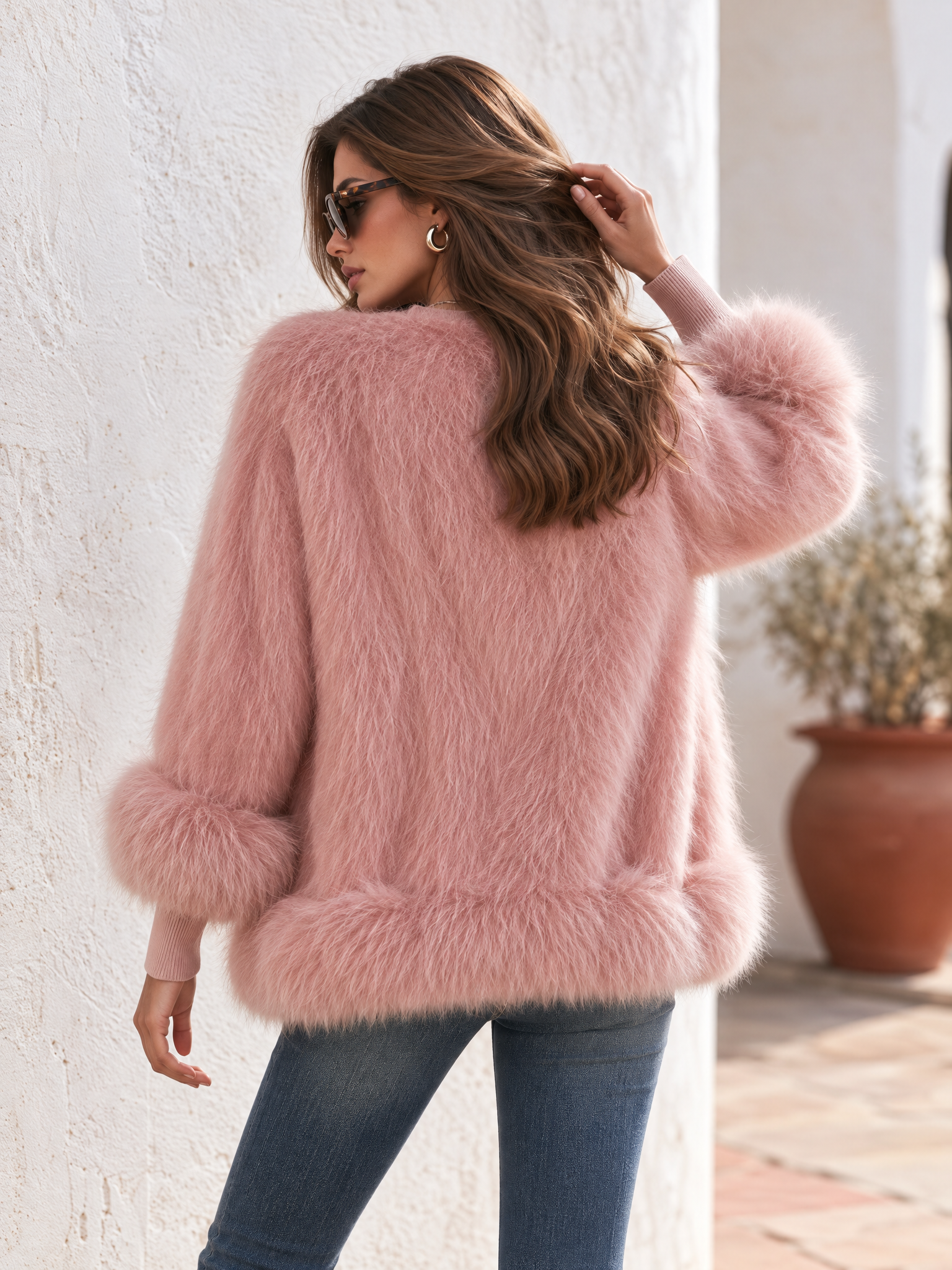Elegant Relaxed Faux Fur Trim Mohair Knit Cardigan