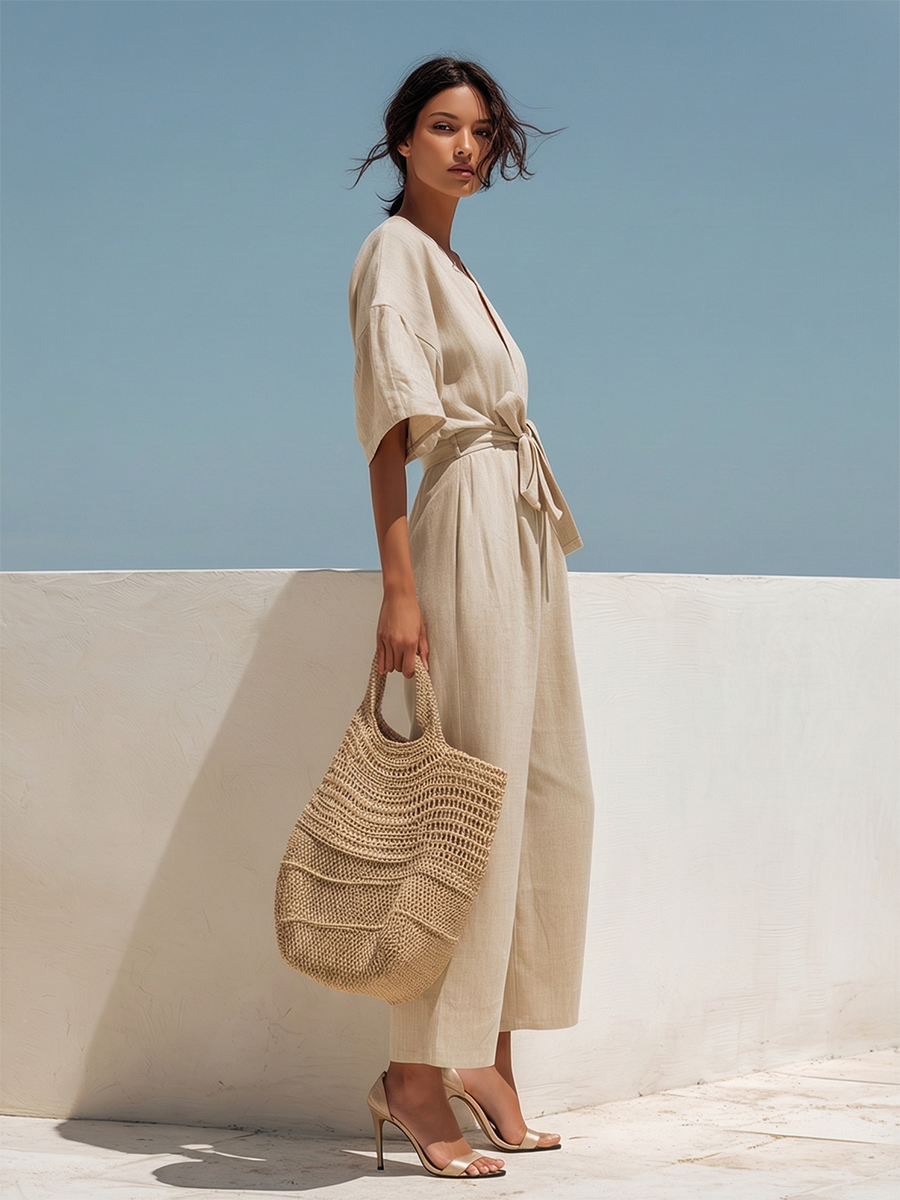 Loose-fitting Beige Cotton-linen Short-sleeved Wide-leg Jumpsuit