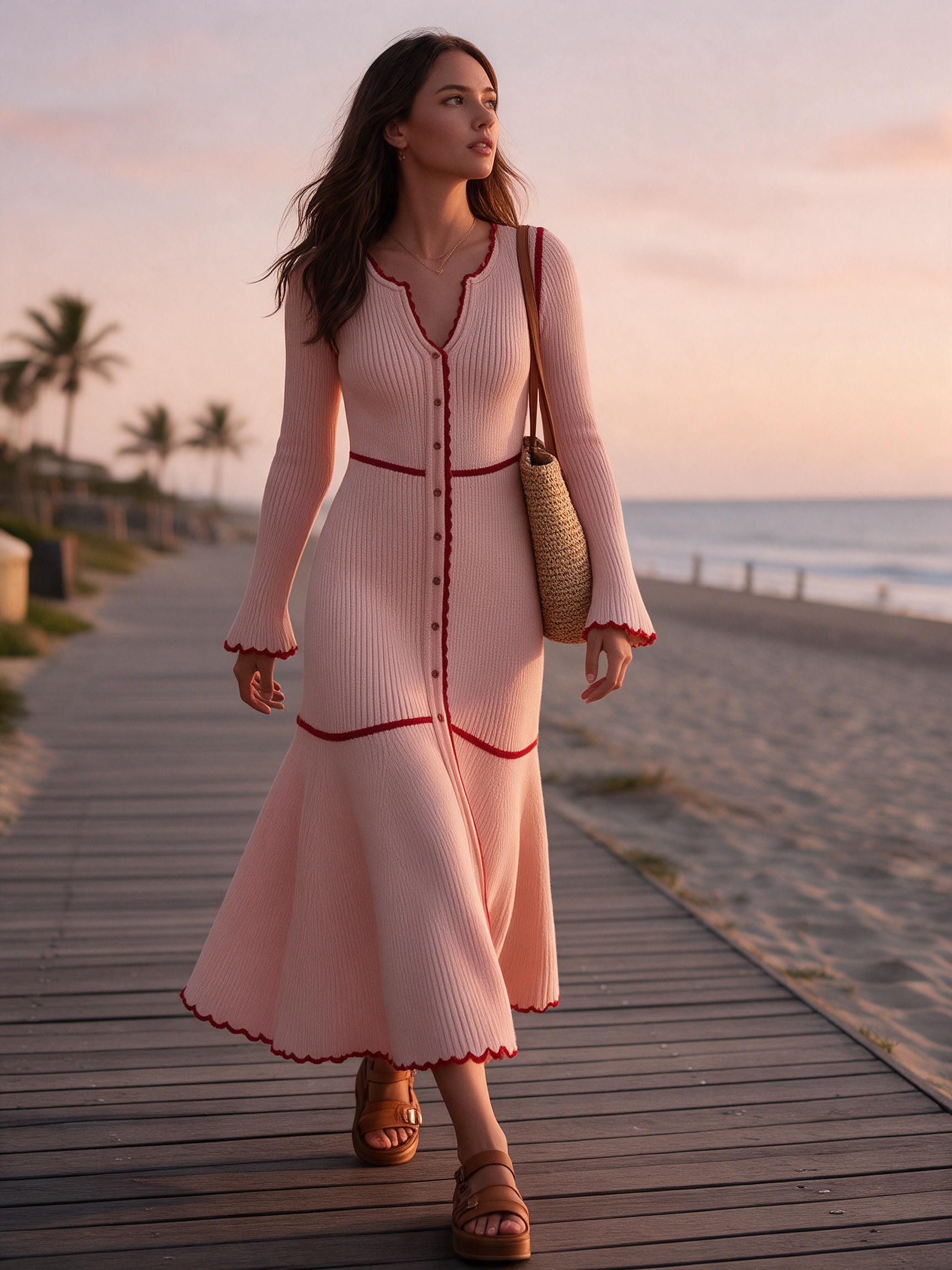 Old Money Vacation Contrast Trim Pink Knitted Maxi Dress