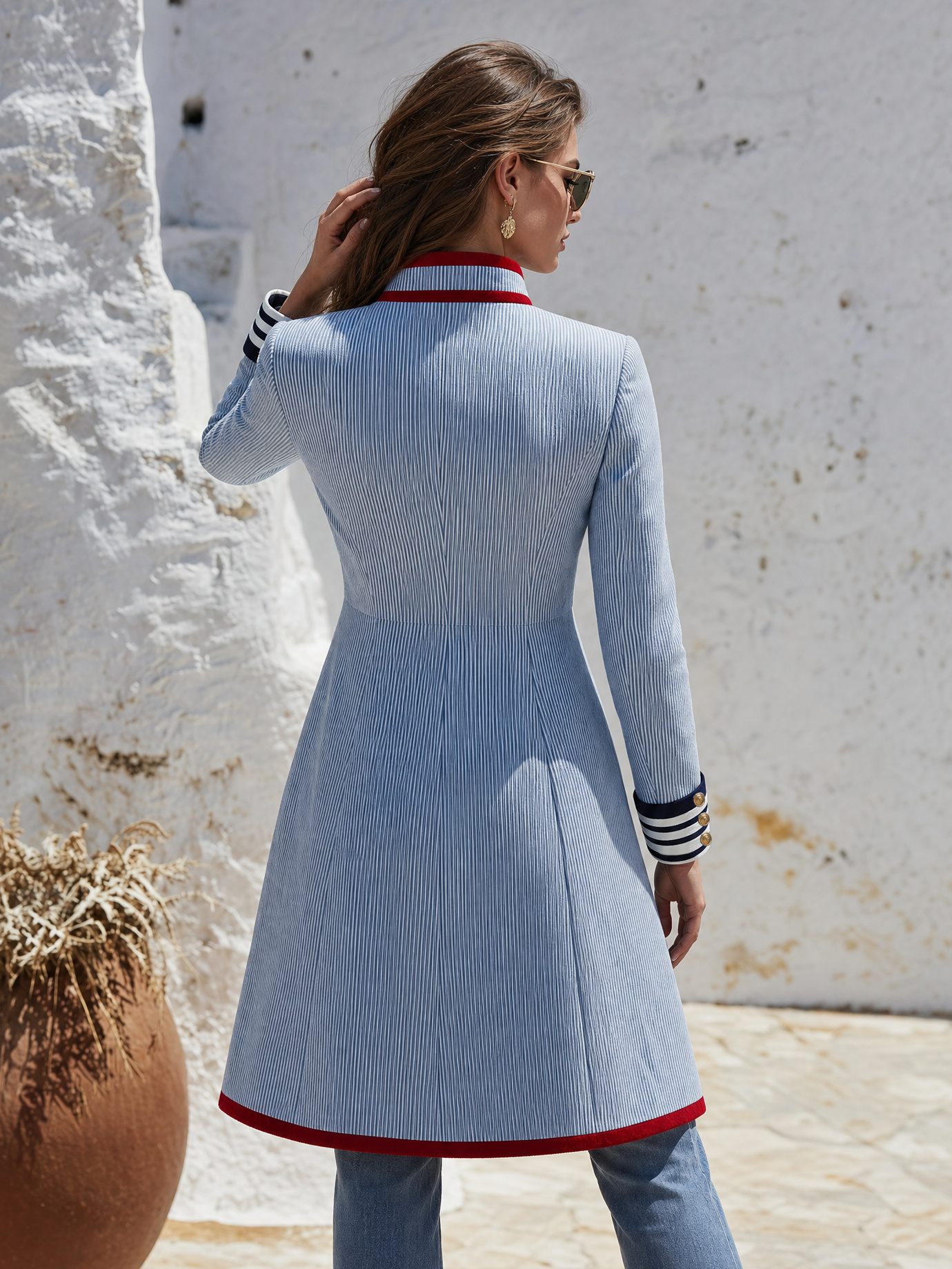 Retro Contrasting Trim Double-breasted Striped Midi Coat