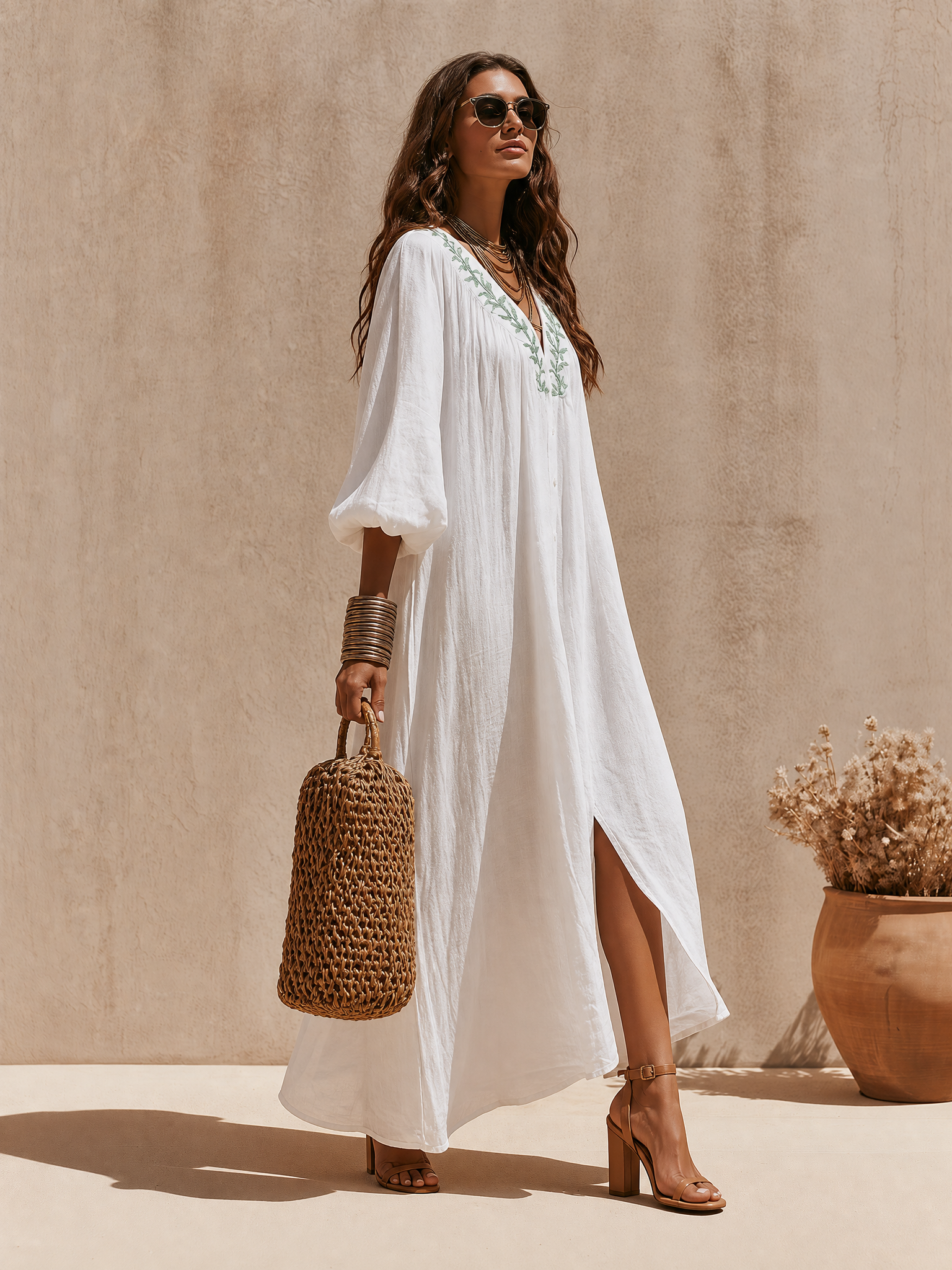 Old Money Green Embroidery Neckline White Cotton-Blend Maxi Dress
