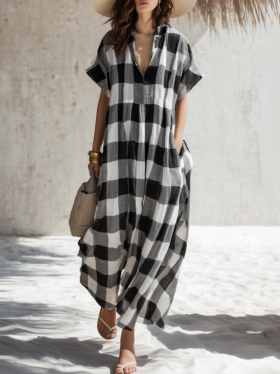 Simple Casual Short-Sleeve Black & White Plaid Cotton-Linen Maxi Dress