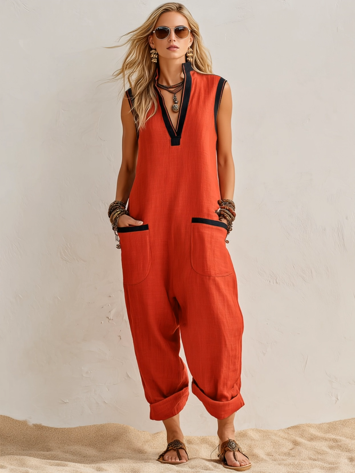 Bohemian Casual Vacation Black Trim Red Cotton Linen V-neck Sleeveless Pocket Loose Jumpsuit