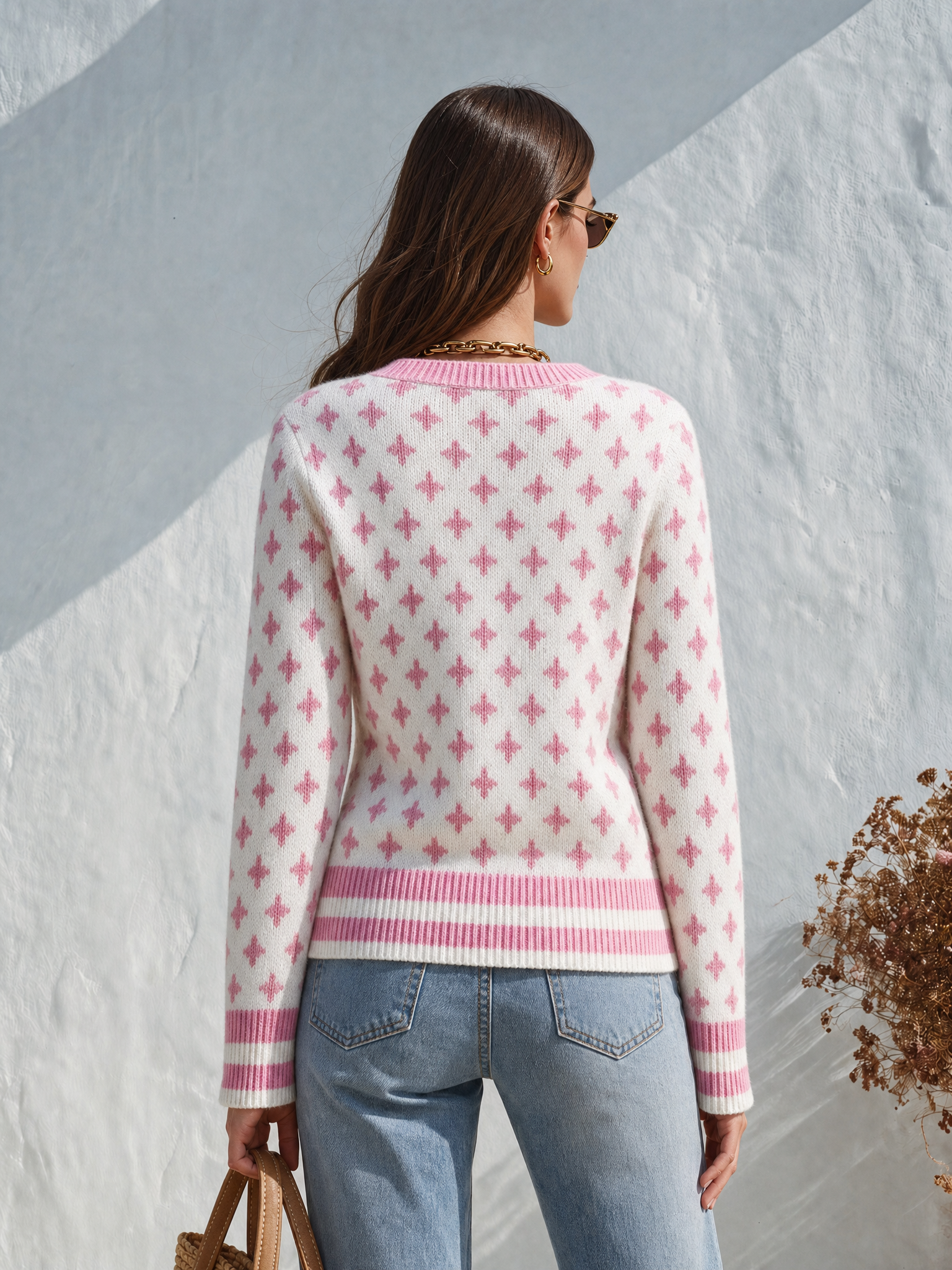 Vacation-style V-neck Long-sleeve Star-pattern Sweater