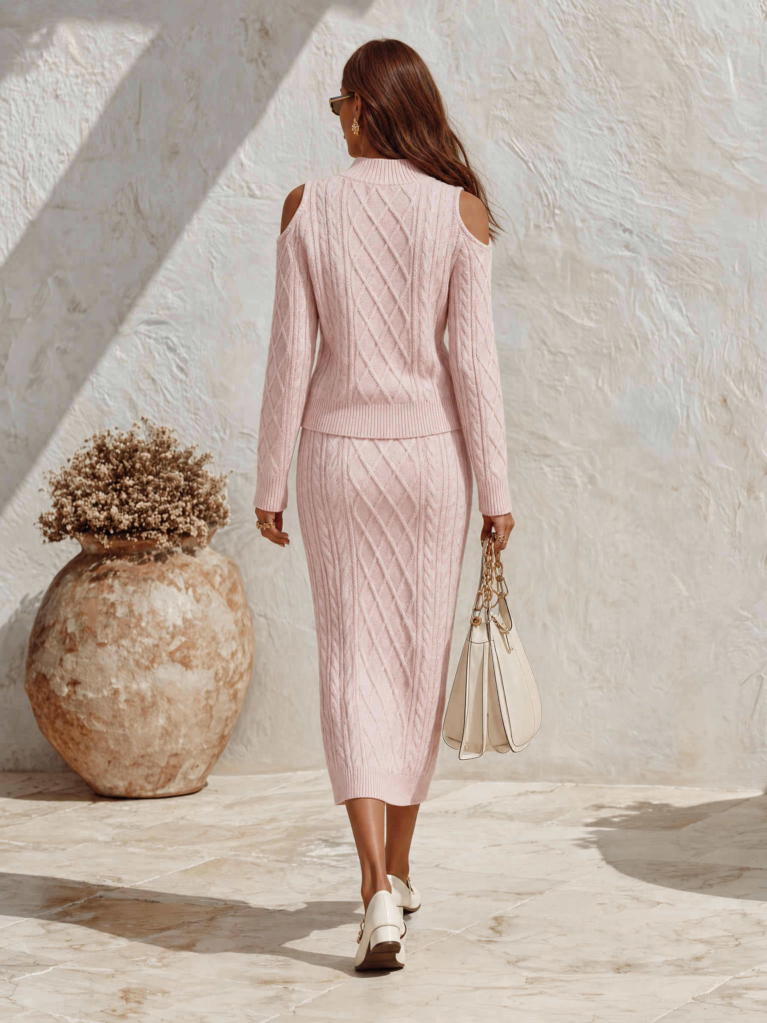 Resort-style Turtleneck Long-sleeved And Midi Skirt Knit Set