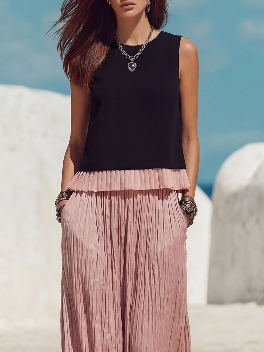 Casual Vacation Style Black Patchwork Pink Ruffled Sleeveless Top And Pink Ruffled Trousers Set