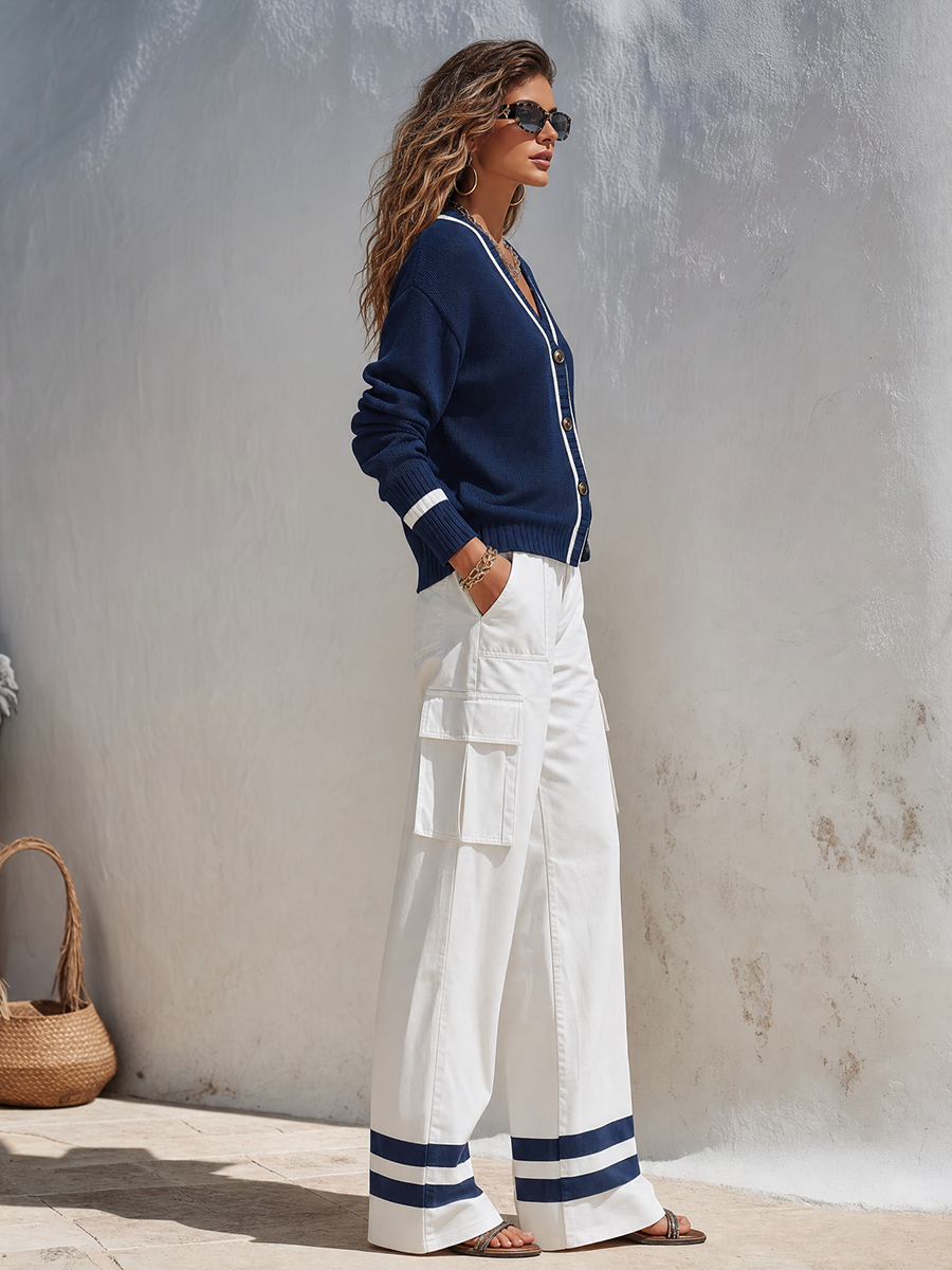 Vacation Retro Multi-Pocket Color-Blocked Striped Wide-Leg Pants