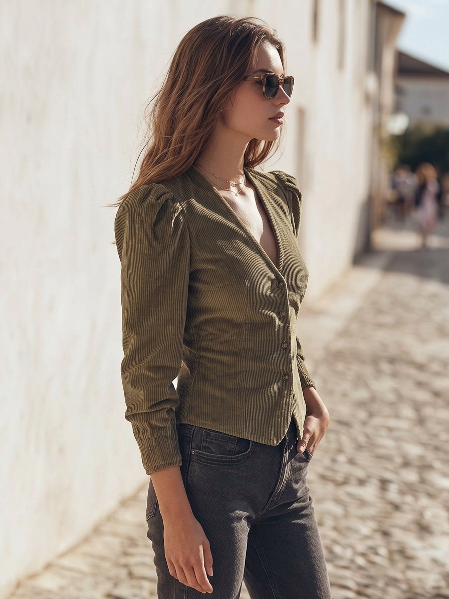 Vintage Rustic Olive Green Corduroy Puff Sleeve V Neck Button Blouse