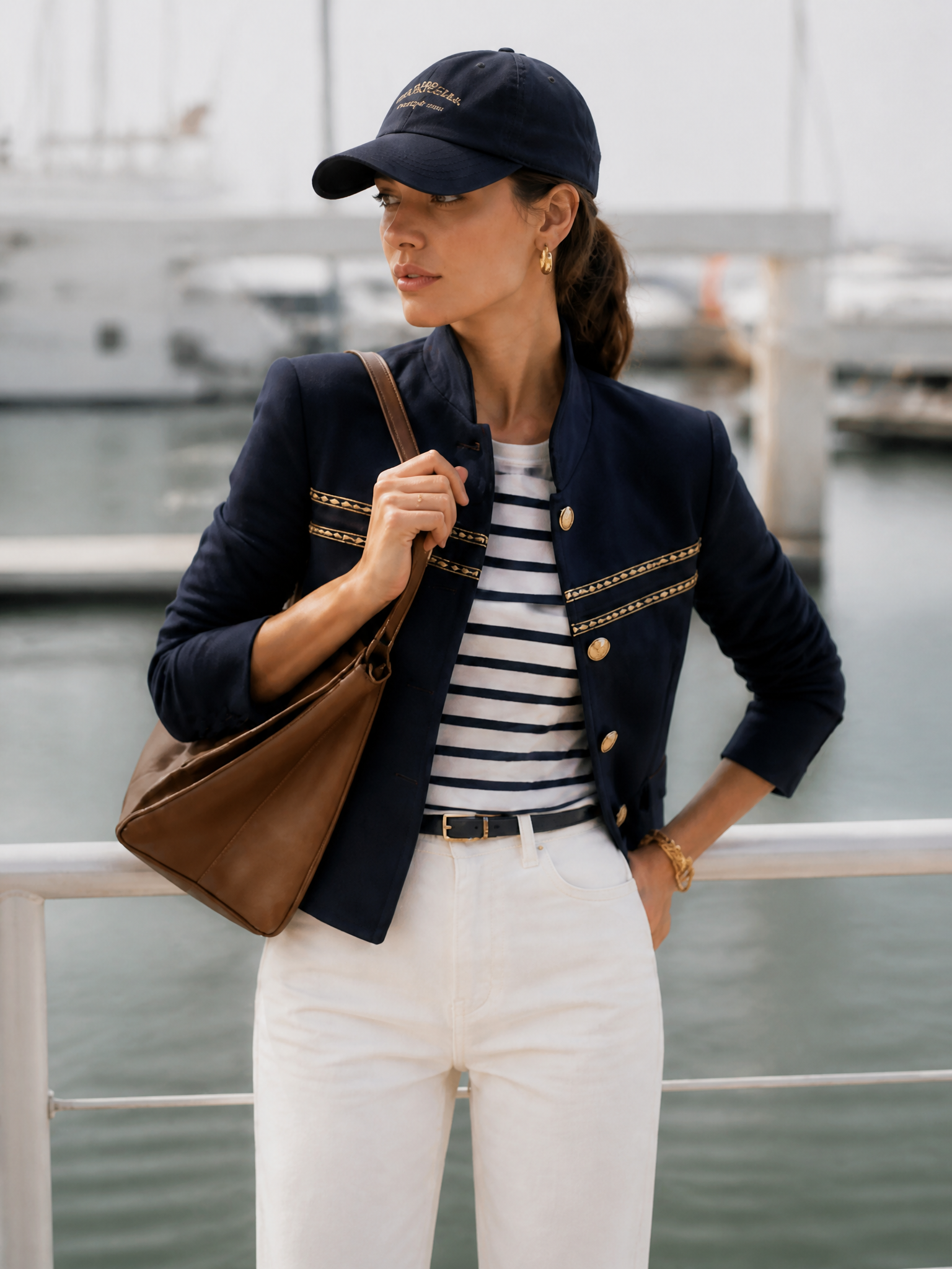 Old Money Gold Ribbon Trim Stand Collar Navy Jacket
