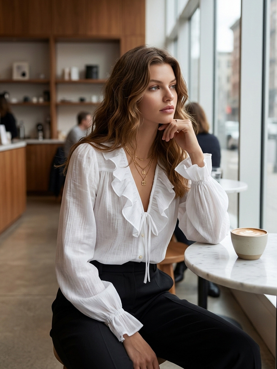 Elegant V-neck Ruffled Long-sleeved Shirt