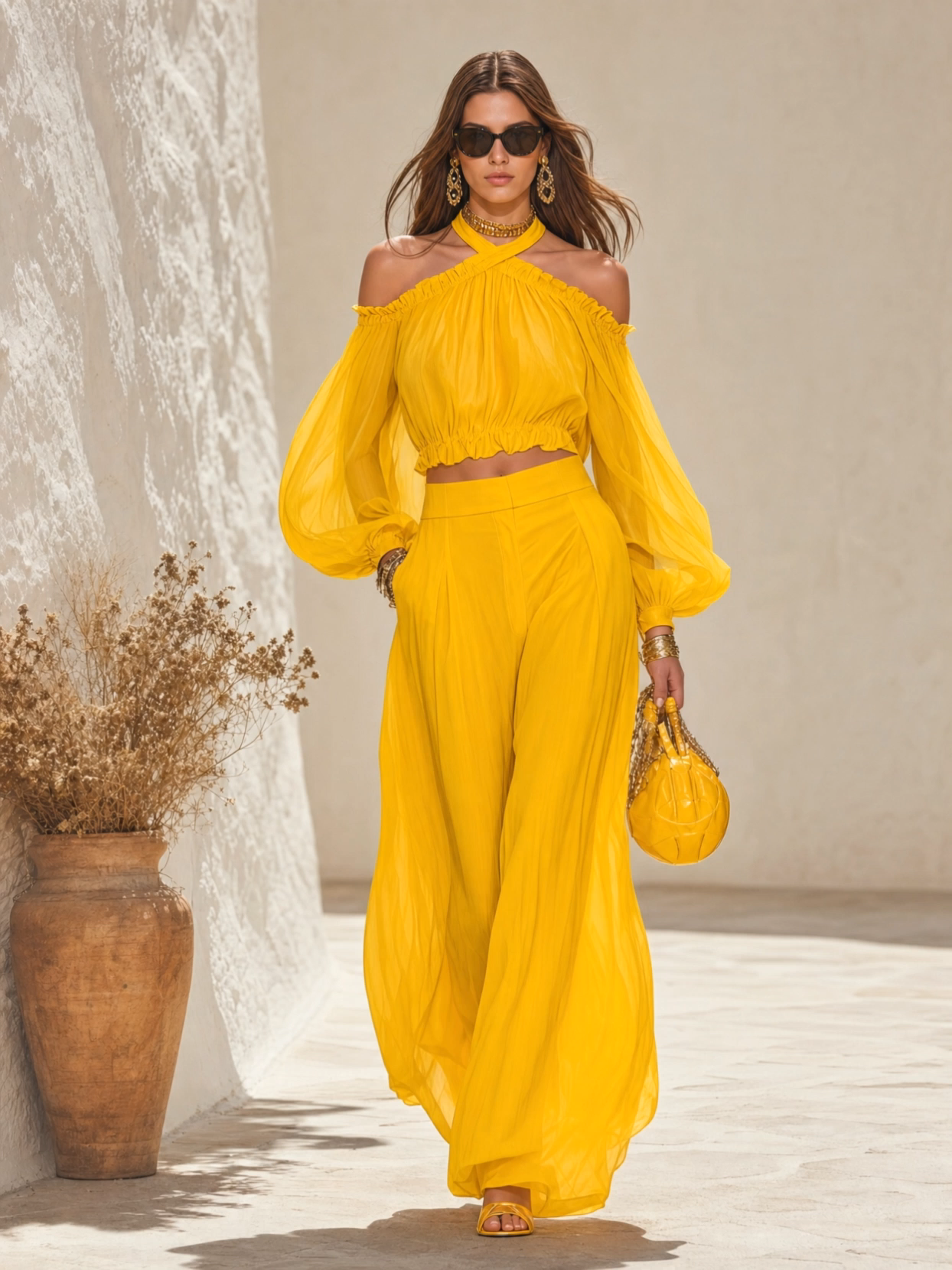 Elegant Urban Style Halter-neck Chiffon Top And Wide-leg Pants Set